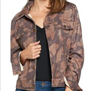 Mauby camo tan brown snap jean style jacket coat print women new Medium